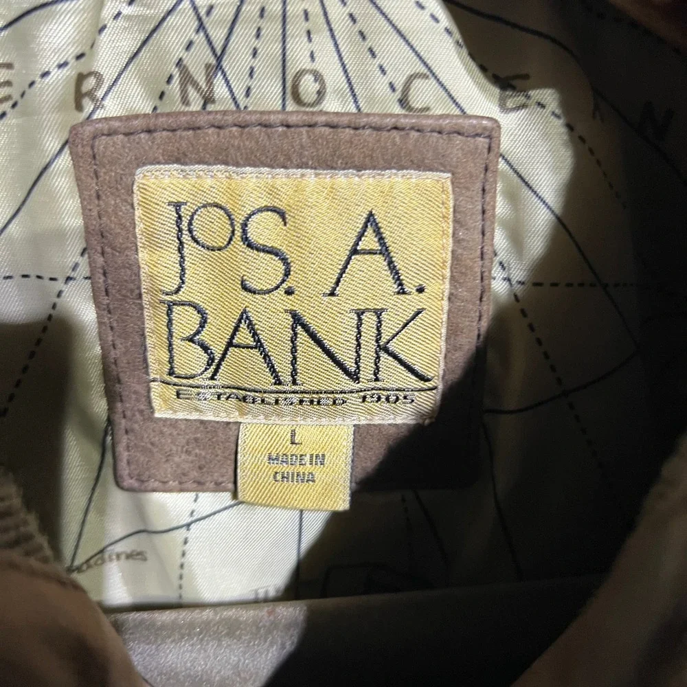 Jos A Bank Leather Bomber Jacket Mens L Brown Flight Map Lining Full Zip Casual